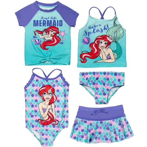 Disney Princess Ariel Toddler Girls One Piece Bathing Suit Rash Guard Tankini Top Swim Skirt Modest Swimsuit and Bikini Bottom 5 Set Toddler to Big Kid