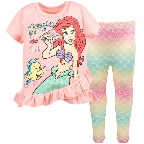 Disney Princess Ariel Toddler Girls Peplum Crossover T-Shirt and Leggings Outfit Set Toddler to Big Kid