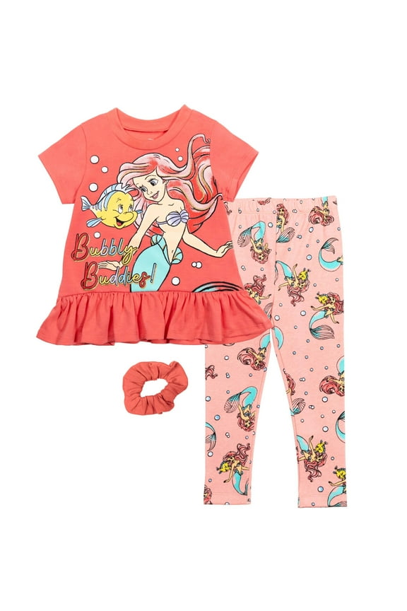 Princess Ariel Toddler Girls T-Shirt Leggings and Scrunchie 3 Piece Outfit Set Infant to Big Kid