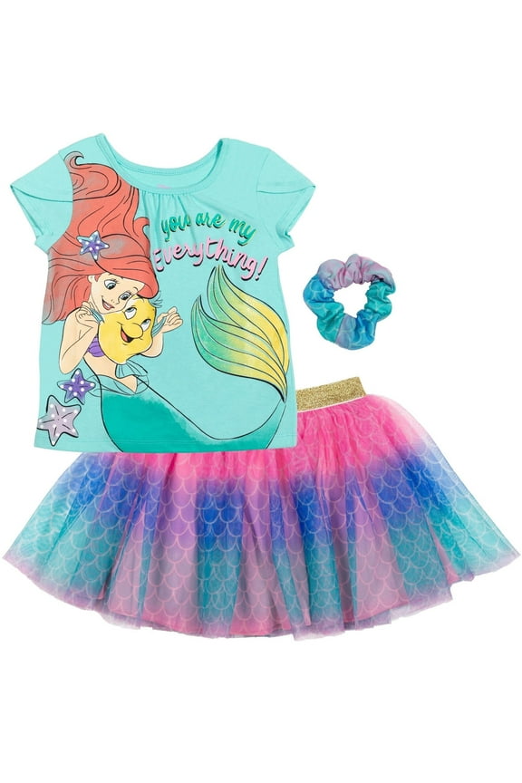 Princess Ariel Toddler Girls T-Shirt Tulle Mesh Skirt and Scrunchie 3 Piece Outfit Set Toddler to Big Kid