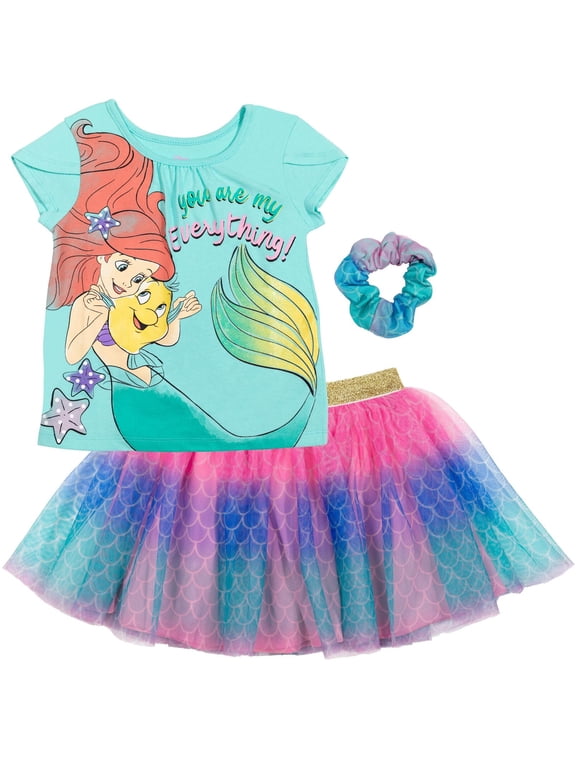 The Little Mermaid Toddler Girls' T-Shirt and Tutu Skirt Set with Scrunchie Aqua Ariel Flounder