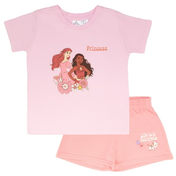 Disney Princess Ariel and Moana Girls Boxy Graphic T-Shirt and Short Set - Life is a Fairytale - Lightweight Summer Outfit for Kids (Sizes 2T-6X)