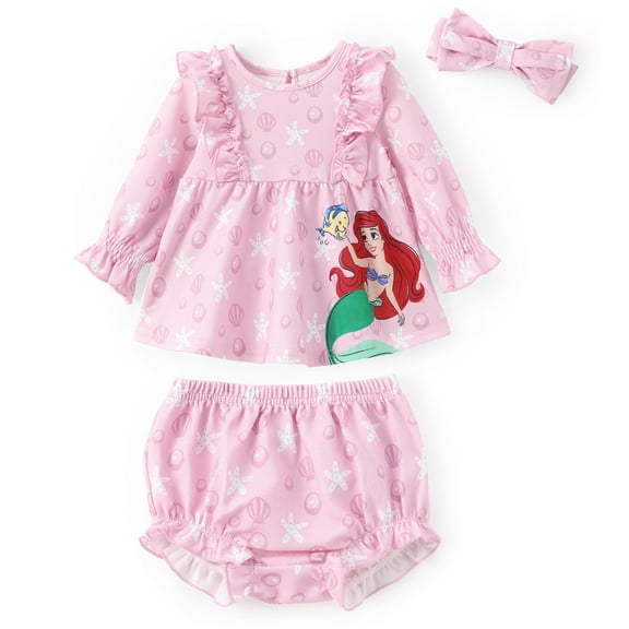 Disney Princess Baby Girl 3pcs Ariel Graphic Ruffle Top with Diaper Bowknot Hairband Set Size 0-3M