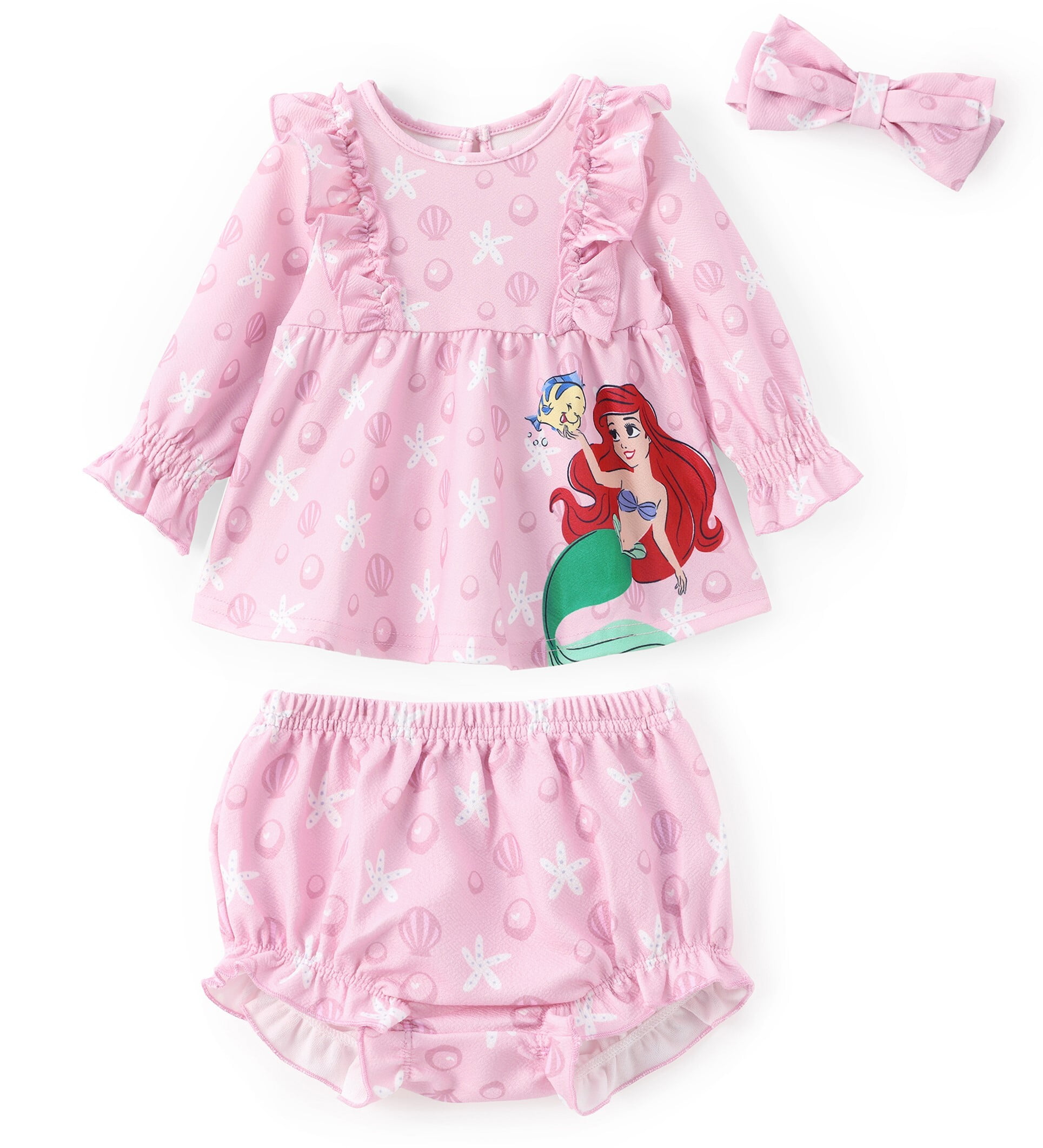 Princess Baby Girl 3pcs Ariel Graphic Ruffle Top with Diaper Bowknot Hairband Set Size 12-18M