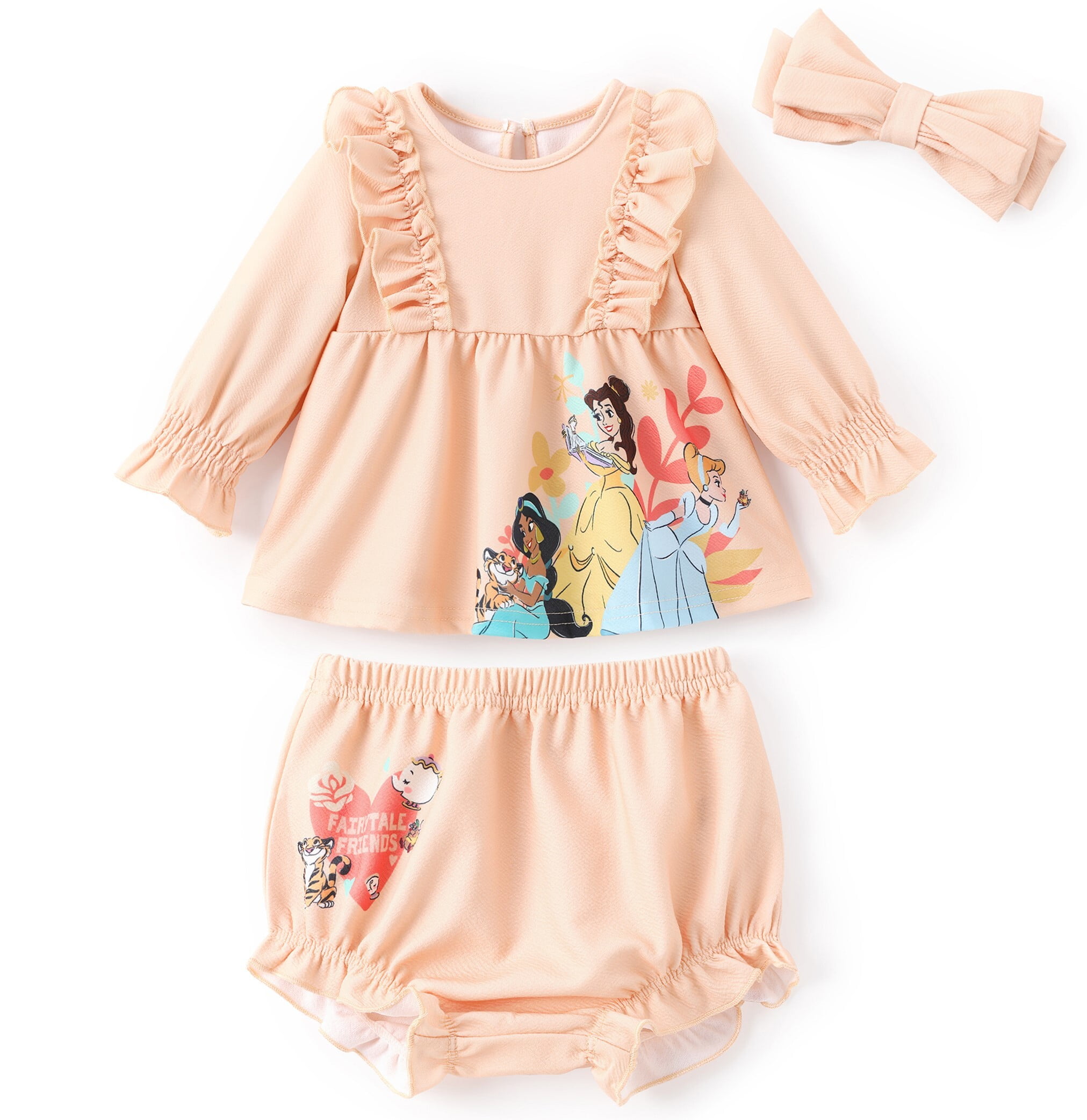 Princess Baby Girl 3pcs Belle Jasmine Cinderella Ruffle Top with Diaper Bowknot Hairband Set Size 0-3M