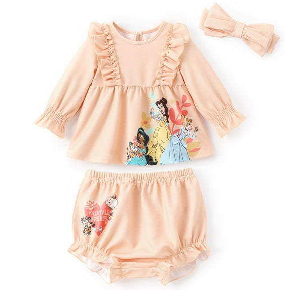 Disney Princess Baby Girl 3pcs Belle Jasmine Cinderella Ruffle Top with Diaper Bowknot Hairband Set Size 0-3M