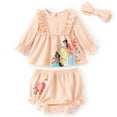 thumbnail image 1 of Disney Princess Baby Girl 3pcs Belle Jasmine Cinderella Ruffle Top with Diaper Bowknot Hairband Set Size 6-9M, 1 of 11
