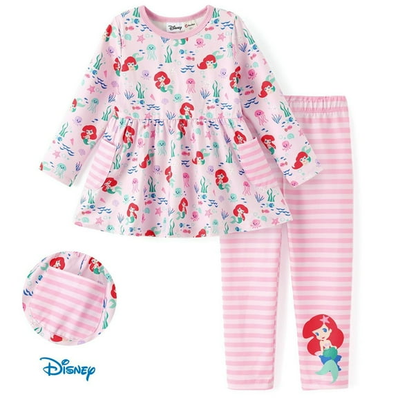 Disney Princess Baby Girl Clothes Pink Outfits Ariel Graphic Dress Top with Pocket and Stripe Legging Pant Infant Set