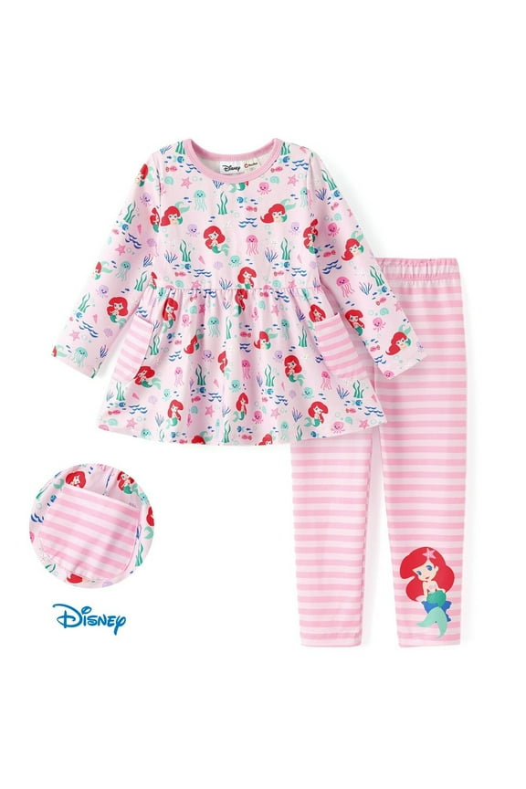 Princess Baby Girl Clothes Pink Outfits Ariel Graphic Dress Top with Pocket and Stripe Legging Pant Infant Set