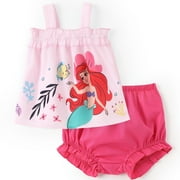 Disney Princess Baby Girls 2 Pcs Ariel Graphic Ruffle Sleeveless Tee with Bloomers Shorts Summer Outfits Sets Newborn to Infant