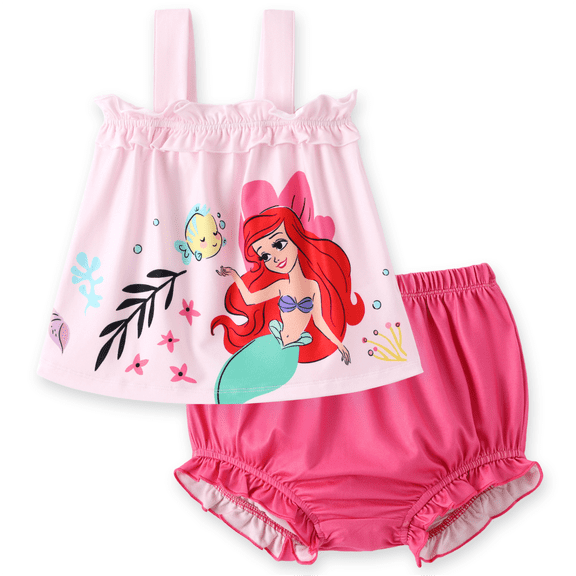 Disney Princess Baby Girls 2 Pcs Ariel Graphic Ruffle Sleeveless Tee with Bloomers Shorts Summer Outfits Sets Newborn to Infant