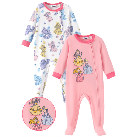 Disney Princess Baby Girls Footed Coveralls 2 Pack Long Sleeve Zipper Romper One-Piece Outfits Belle Cinderella Aurora Ariel Tiana Rapunzel