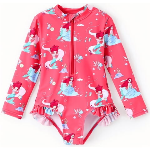 Disney Princess Baby Girls Swimsuits Ariel Zipper Rash Guard One Piece Bathing Suit Sizes 3M-6Y