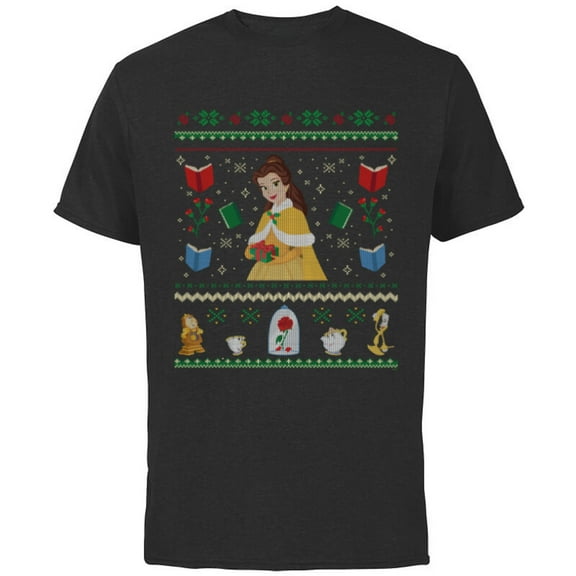 Disney Princess Beauty and the Beast Belle Christmas Sweater - Short Sleeve Cotton T-Shirt for Adults - Customized-Black