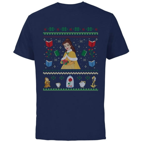 Disney Princess Beauty and the Beast Belle Christmas Sweater - Short Sleeve Cotton T-Shirt for Adults - Customized-Navy
