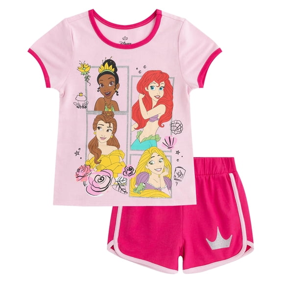 Disney Princess Belle Ariel Rapunzel Tiana Short Sleeve T-Shirt and Shorts Set (Girls), 2 Piece Set, Sizes 3T-7