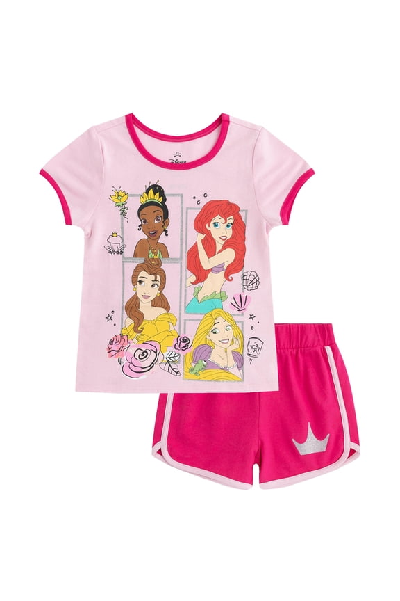 Princess Belle Ariel Rapunzel Tiana Short Sleeve T-Shirt and Shorts Set (Girls), 2 Piece Set, Sizes 3T-7