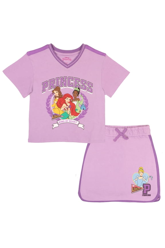 Princess Belle Ariel Tiana Girls Graphic Print T-Shirt and Skort Bundle, 2-Piece, Sizes 3T-16