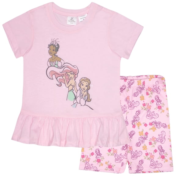 Disney Princess Belle, Ariel and Tiana Girls 2-Piece Ruffle Hem Short Sleeve T-Shirt and Biker Shorts Set for Kids (Sizes 4-6X)