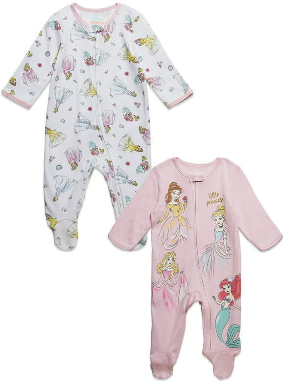 Disney Princess Belle Aurora Cinderella Infant Baby Girls 2 Pack Zip Up Sleep N' Plays Newborn to Infant