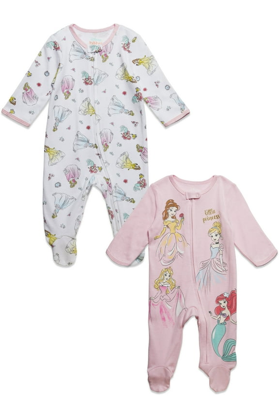 Princess Belle Aurora Cinderella Infant Baby Girls 2 Pack Zip Up Sleep N' Plays Newborn to Infant