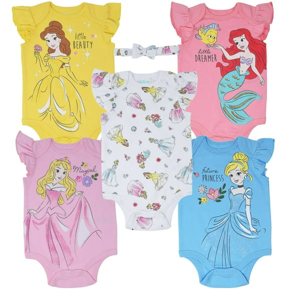 Disney Princess Belle Aurora Cinderella Newborn Baby Girls Bodysuits and Headband Newborn to Infant