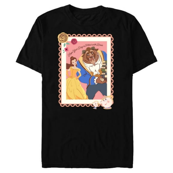Disney Princess Belle Beast Valentines Day Filled with Roses - Short Sleeve Blended T-Shirt for Adults - Customized-Black