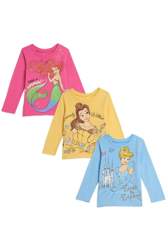 Princess Belle Cinderella Ariel Little Girls 3 Pack Long Sleeve T-Shirts Infant to Big Kid