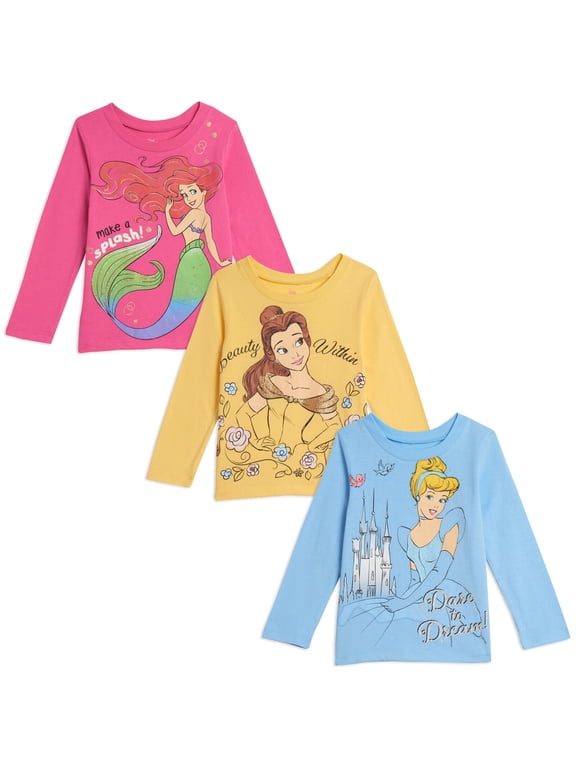 Princess Belle Cinderella Ariel Little Girls 3 Pack Long Sleeve T-Shirts Infant to Big Kid
