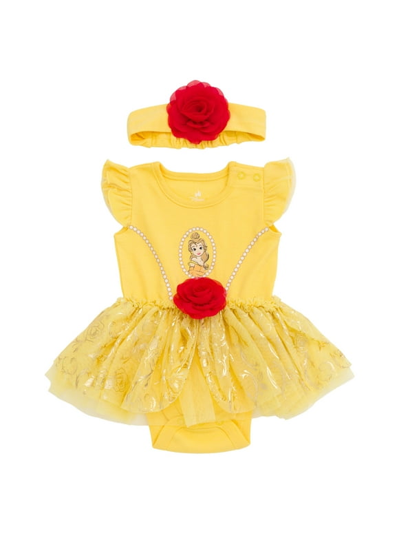 Princess Belle Cosplay Bodysuit With Skirt Overlay & Headband Outfit Set Newborn to Infant