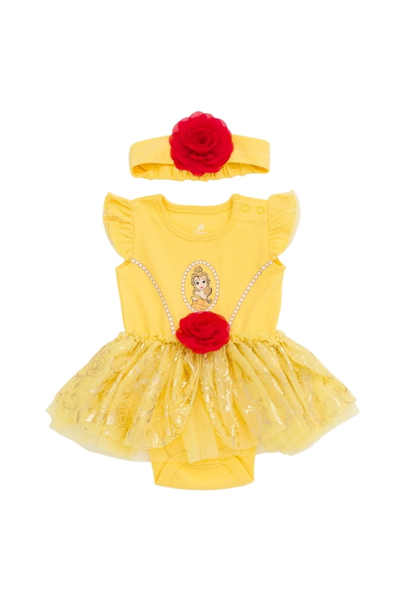 Princess Belle Cosplay Bodysuit With Skirt Overlay & Headband Outfit Set Newborn to Infant