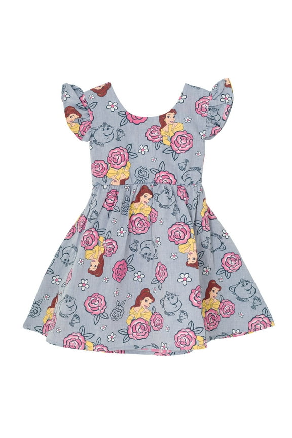 Princess Belle Floral Big Girls Chambray Skater Dress Toddler to Big Kid