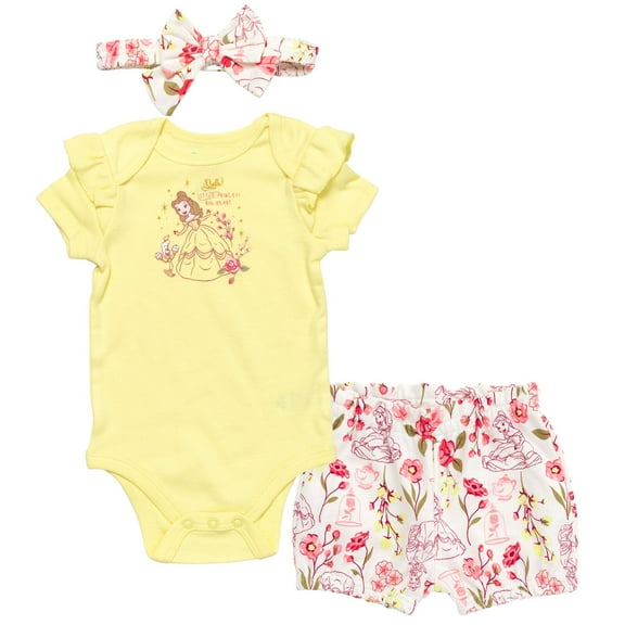 Disney Princess Belle Floral Bodysuit French Terry Bubble Shorts and Headband 3 Piece Outfit Set Newborn to Infant