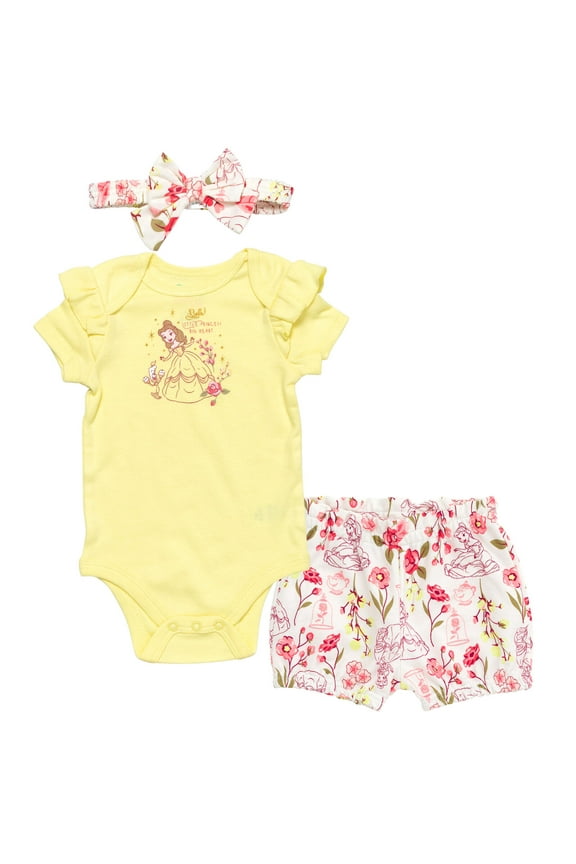 Princess Belle Floral Bodysuit French Terry Bubble Shorts and Headband 3 Piece Outfit Set Newborn to Infant