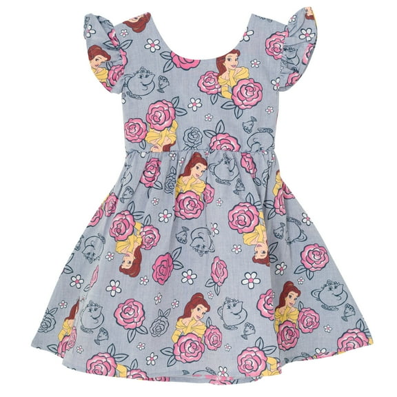 Disney Princess Belle Floral Little Girls Chambray Skater Dress Toddler to Big Kid