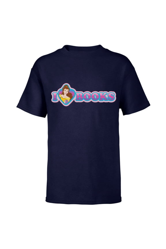 Princess Belle I Heart Books - Short Sleeve T-Shirt for Kids - Customized-Navy
