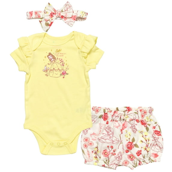 Disney Princess Belle Infant Baby Girls Bodysuit Shorts and Headband 3 Piece Outfit Set Yellow/White 12 Months