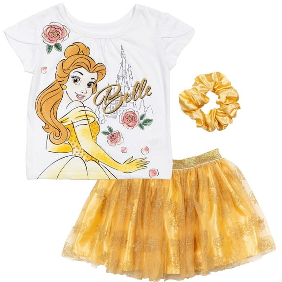Disney Princess Belle Little Girls T-Shirt Mesh Skirt and Scrunchie 3 Piece Outfit Set Toddler to Big Kid