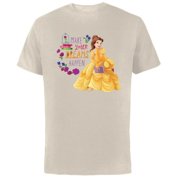 Disney Princess Belle Make Your Dreams Happen - Short Sleeve Cotton T-Shirt for Adults - Customized-Natural