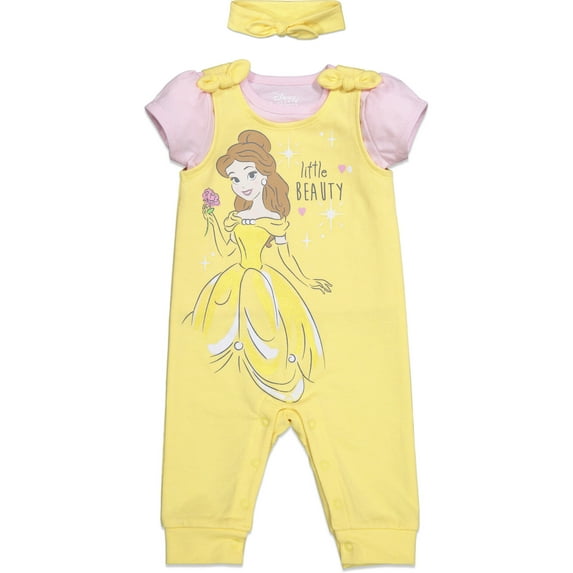Disney Princess Belle French Terry Romper T-Shirt and Headband 3 Piece Outfit Set Newborn to Infant