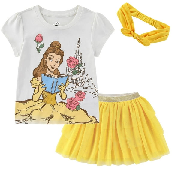 Disney Belle Short Sleeve Shirt and Tulle Tutu Skirt with Headband (Girls), 3 Piece Set, Sizes 2T-10