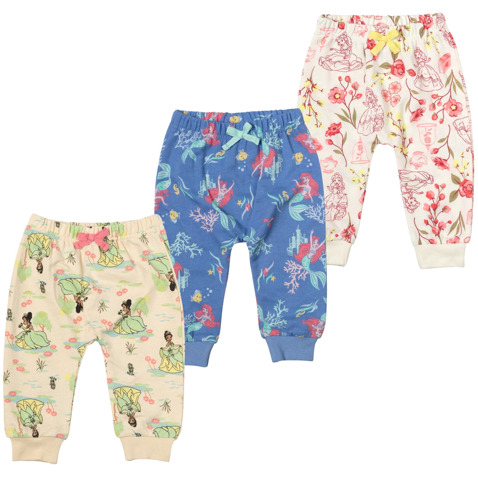 Disney Princess Belle Tiana Ariel Newborn Baby Girls French Terry 3 Pack Jogger Pants Newborn to Toddler