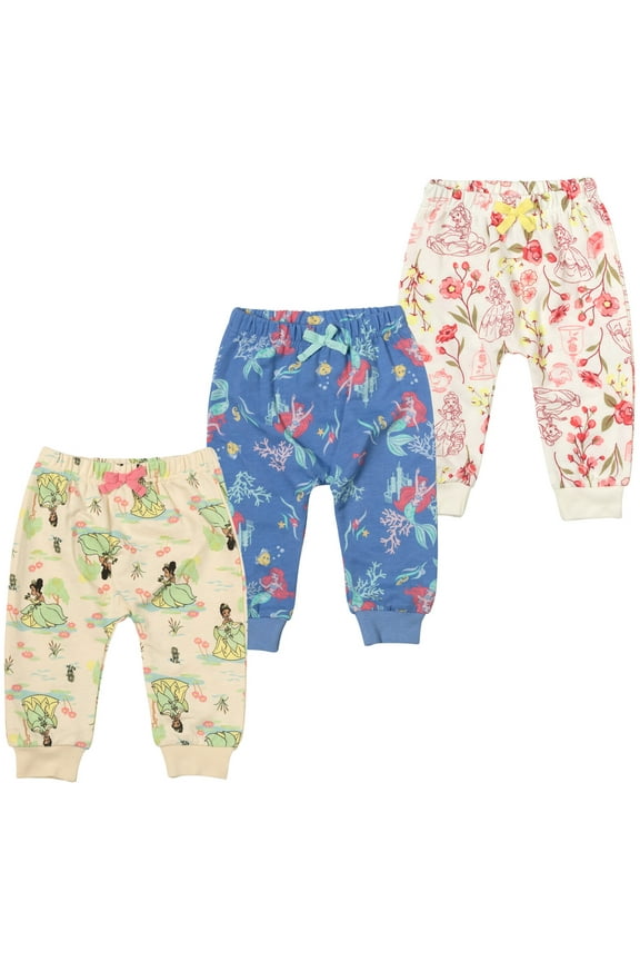 Princess Belle Tiana Ariel Newborn Baby Girls French Terry 3 Pack Jogger Pants Newborn to Toddler