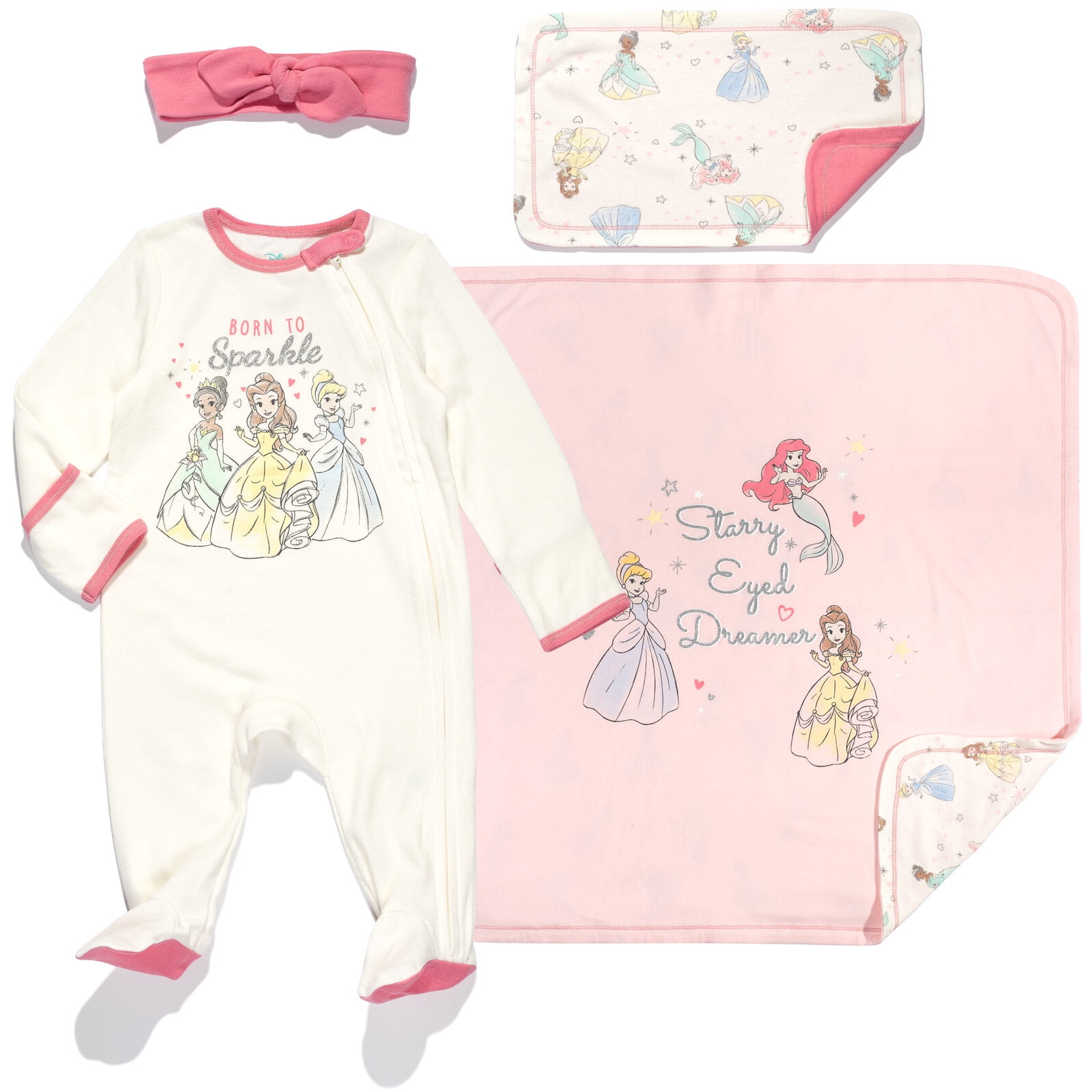 Disney Princess Belle Tiana Cinderella Newborn Baby Girls Zip Up Sleep N' Play Headband Burp Cloth and Blanket 4 Piece Outfit Set Newborn