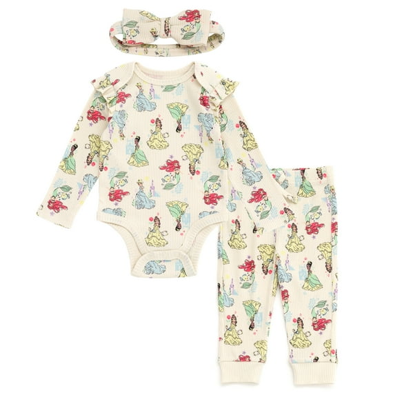 Disney Princess Belle Tiana Cinderella Ribbed Bodysuit, Jogger Pants and Headband 3 Piece Outfit Set Newborn to Infant