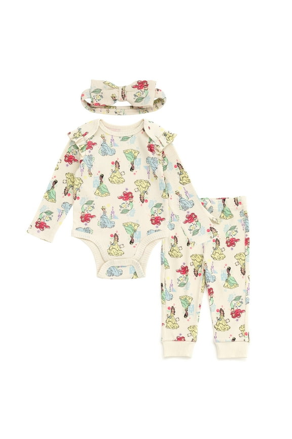 Princess Belle Tiana Cinderella Ribbed Bodysuit, Jogger Pants and Headband 3 Piece Outfit Set Newborn to Infant