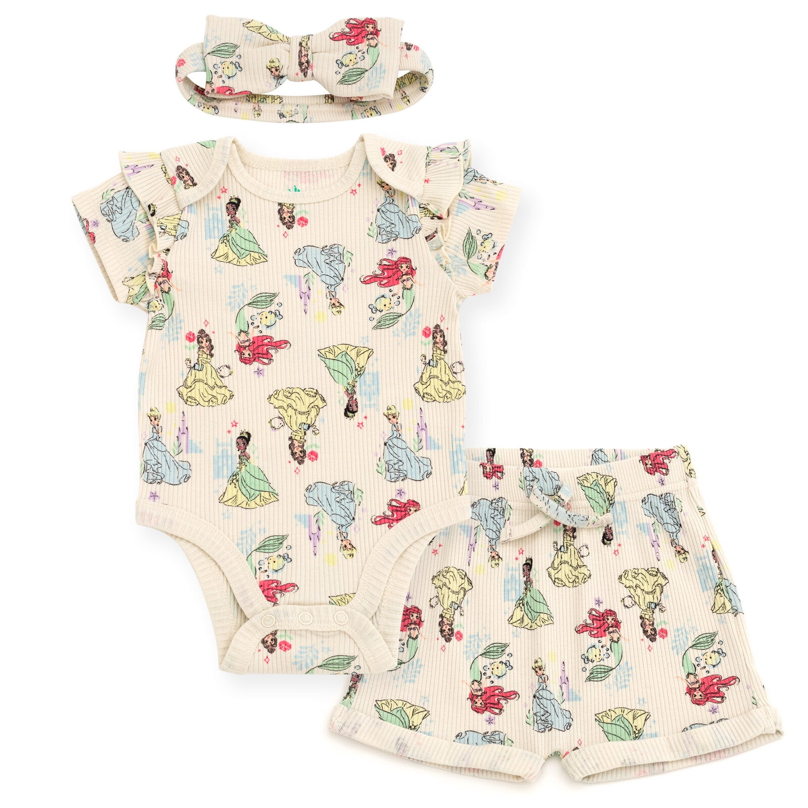 Disney Princess Belle Tiana Cinderella Ribbed Bodysuit, Shorts and Headband 3 Piece Outfit Set Newborn to Infant