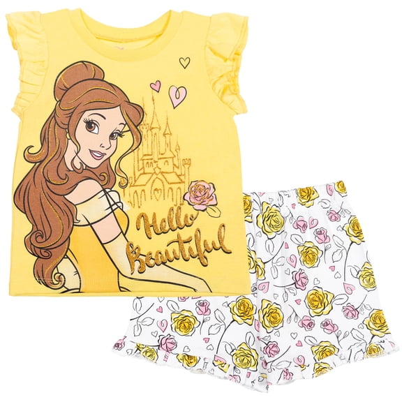 Disney Beauty and the Beast Toddler Girls' 2-Piece Tee and Shorts Set Belle Yellow