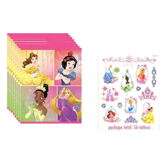 Disney Princess Birthday Baby Shower Party Supplies Favor Bundle includes 8 Plastic Loot Bags and 56 Tattoos