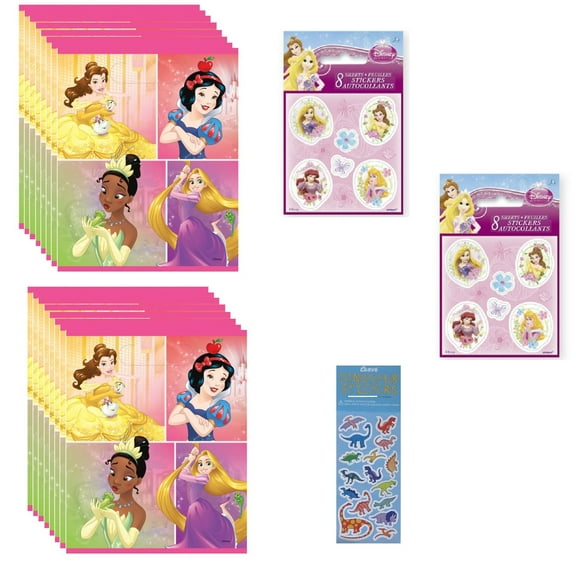 Disney Princess Birthday Party Supplies Bundle include 16 Plastic Party Favor Loot Bags 6.5" x 9", 16 Sticker Sheets, 1 Dinosaur Sticker Sheet